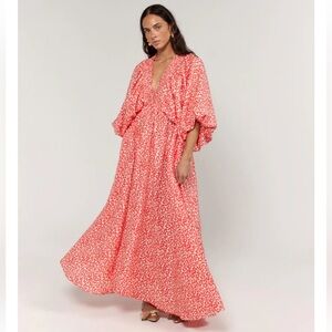 La Boheme Girls Essie V Neck Maxi Dress Coral Oat Leopard Print Balloon Sleeves